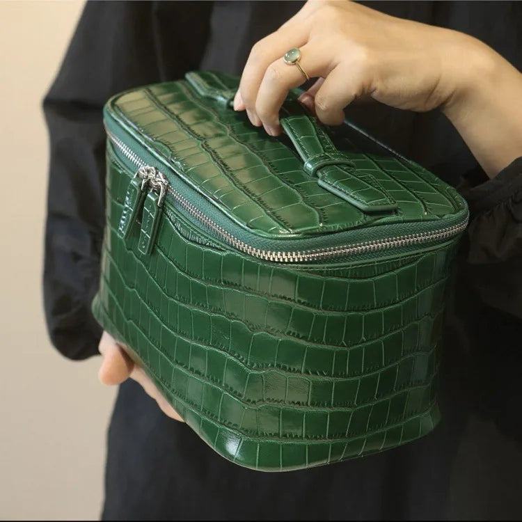 Firstgrain Cowhide Himalayan Crocodile Pattern Vanity Case Genuine Leather Square Portable Large-Capacity Hand-Held Cosmetic Bag