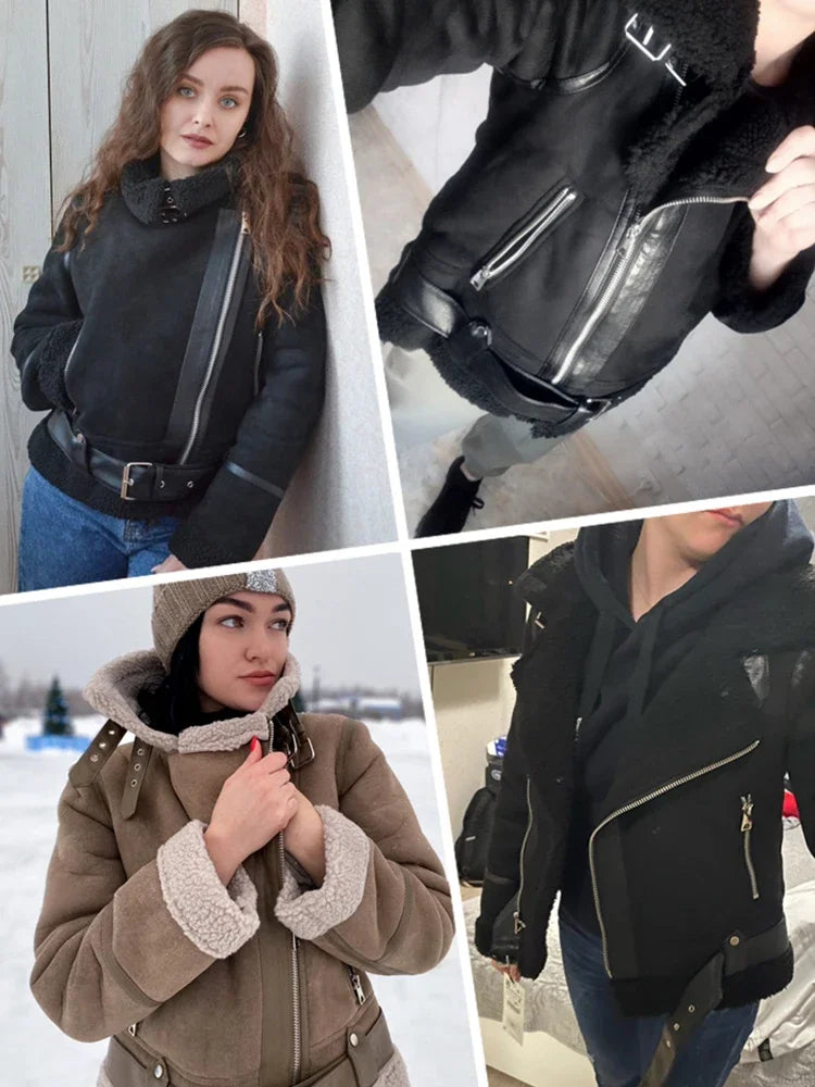Winter Women Thick Warm Suede Lamb Jacket Short Motorcycle Brown Coats Faux Shearling Sheepskin Leather Jackets Outwear