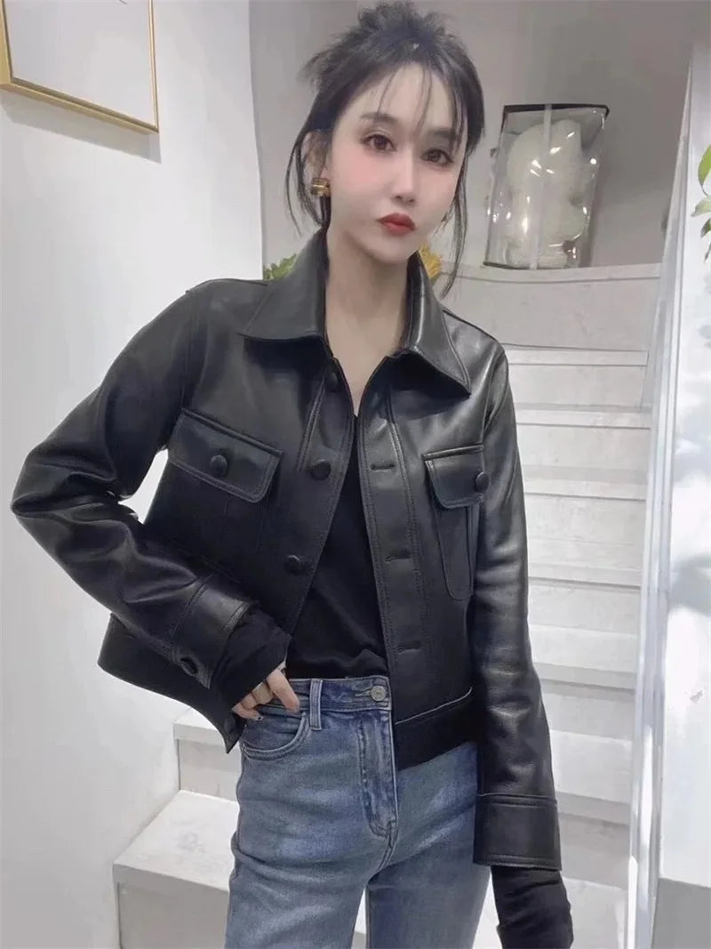 Lapel PU Leather Jacket Women 2026Spring Autumn New Coat Fashion Locomotive Goddess Overcoat High Quality Short Outerwear Female