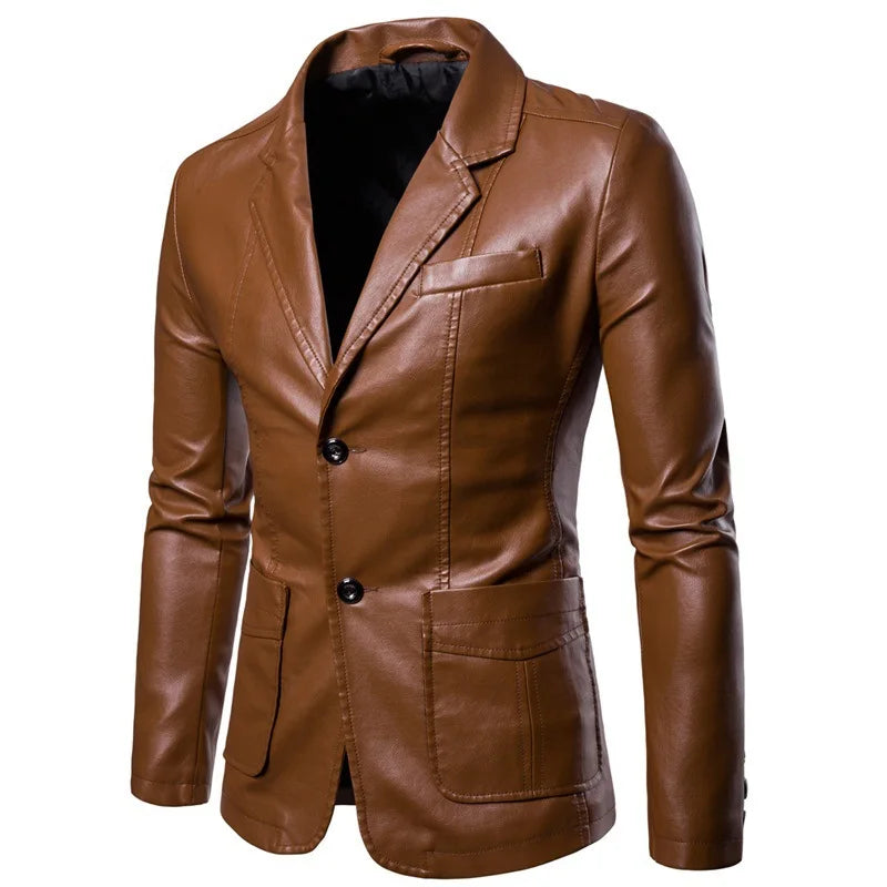 Spring/Autumn Leather Jacket - Plus Size Men's Youth Suit Collar Business Casual Leather Jacket European Sizes XS-3XL