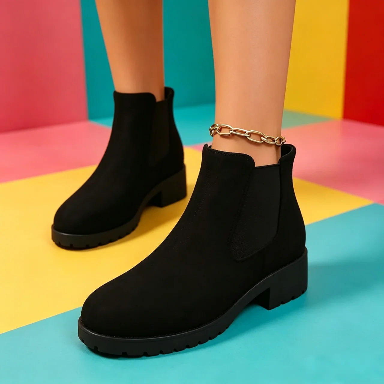 Women Suede Chelsea Boots Thick Sole Elastic Side Non Slip Casual Footwear All Season Daily Wear Comfortable Fit Chunky Design
