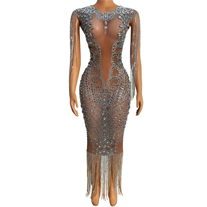 Transparent Long Diamond Dark Brown Party Dress Birthday Luxury Costume Fancy Brilliant Dancer Wedding Dress Impressive Dress