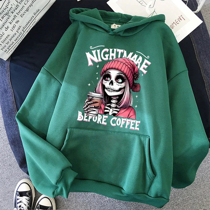 Slogan Nightmare Before Coffe Graphic Sweatshirt Unisex Fall Winter Hoody Y2k Clothing Women's Skeleton Halloween Pocket Hoodies