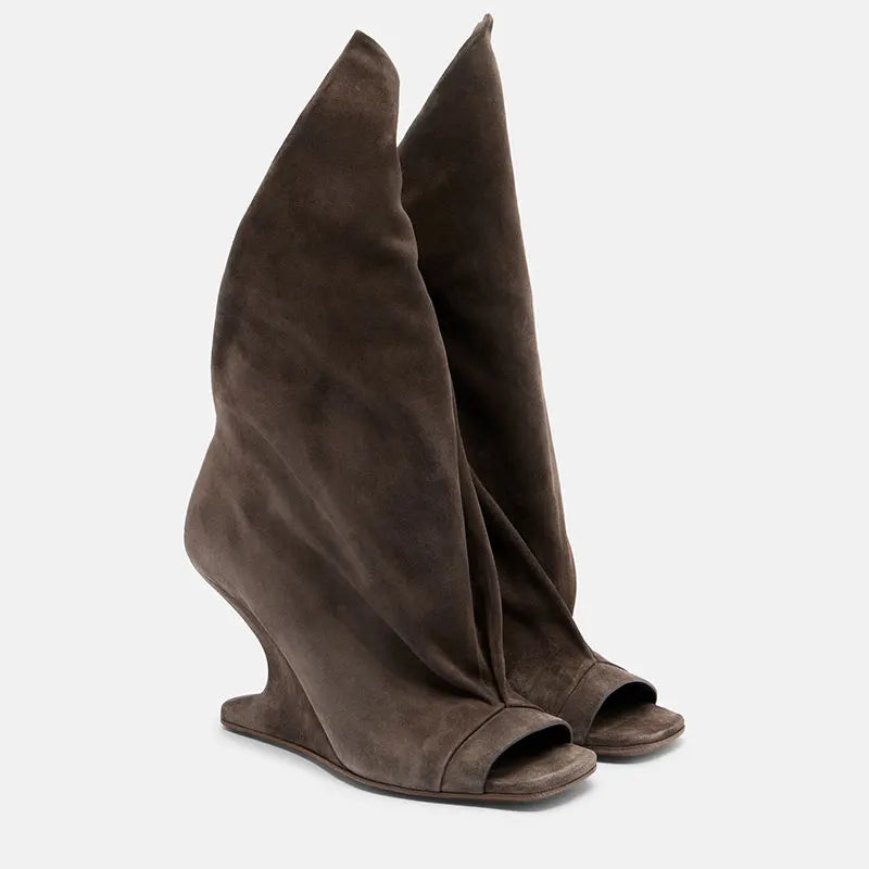 Runway Style Women Peep Toe Tall Boots Sculptural Wedge Heel Draped Pleated Upper Trendy Evening Statement Fashion Footwear
