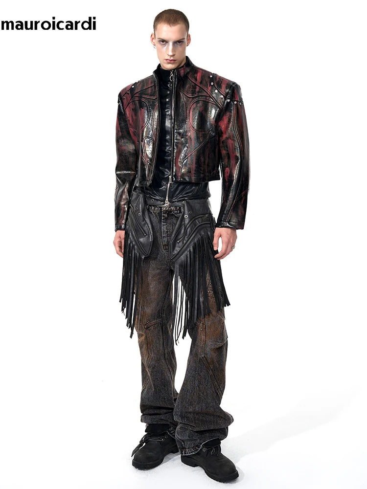 Mauroicardi Spring Autumn Short Pu Leather Motorcycle Jacket Men Rivet Zipper Shoulder Pads Luxury Designer Streetwear Clothing