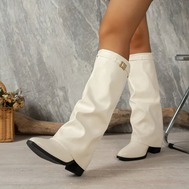Spring Autumn New Simple Style Women's Knee High Boots 2026 Fashion Pointed Toe Fold Cuff Design Chunky Heel Casual Women Boots