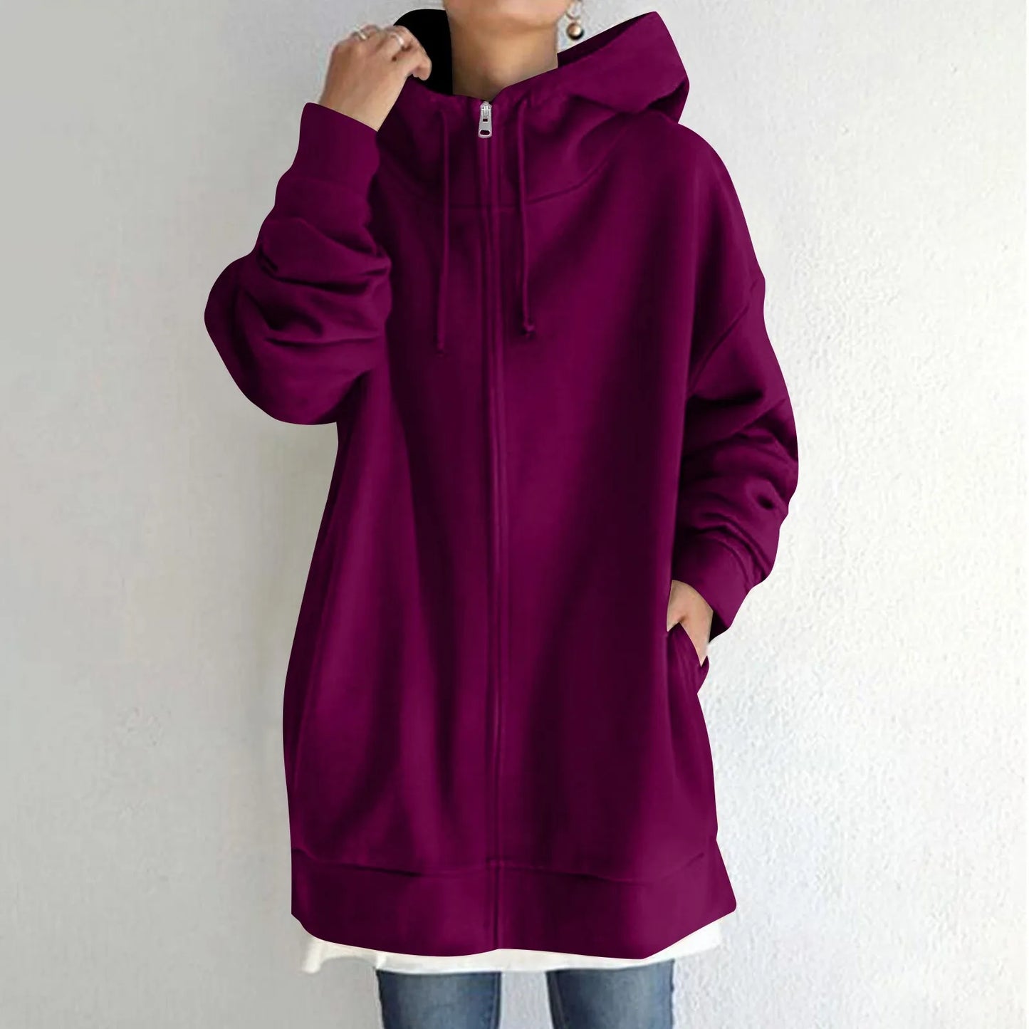 Plus Size Long Hoodies Tunic Fashion Long Sweatshirts Solid Color Fleece Knitted Zip Up Jackets With Pockets For Women