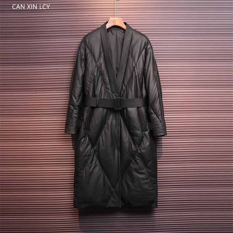 High End Leather Jacket New Women Autumn Winter Long PU Leather Windbreaker With Belt Female Down Cotton Coat Thick Warm Parkas