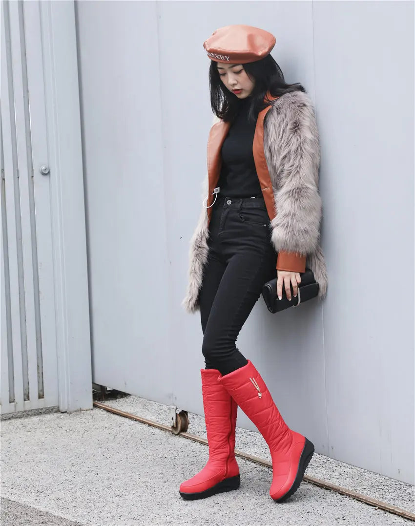 Women Warm Fur Mid-calf Snow Boots Round Toe Red Black Down Crystal Dec Party Travel Lady Wedge Platform Winter Plush Half Boots