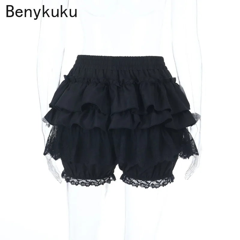 Gothic Punk Girls Kawaii High Waist Shorts Skirts Lolita Vintage Lace Ruffles Shorts Y2k E-girl Black Women Pumpkin Bloomers