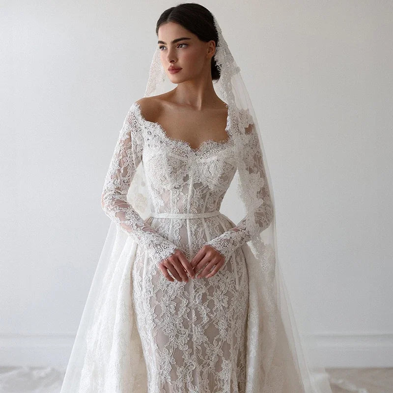 Customized Elegant Mermaid Wedding Dresses Off The Shoulder Long Sleeve Lace Bridal Dress Formal Wedding Ball Prom Gown
