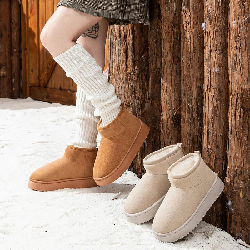 Faux Suede Thick Bottom Snow Boots Women 2025 Trend Warm Thicken Plush Cotton Shoes Woman Slip On Non Slip Winter Ankle Boots