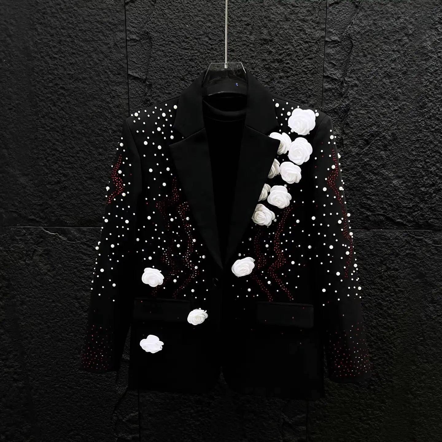 WVGA Spring Autumn New Man Tide Heavy Pearl-studded Trendy Three-dimensional Flower Blazers Niche Chic Casual Jackets Ins W22622