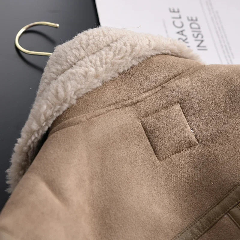 Winter Women Thick Warm Suede Lamb Jacket Short Motorcycle Brown Coats Faux Shearling Sheepskin Leather Jackets Outwear