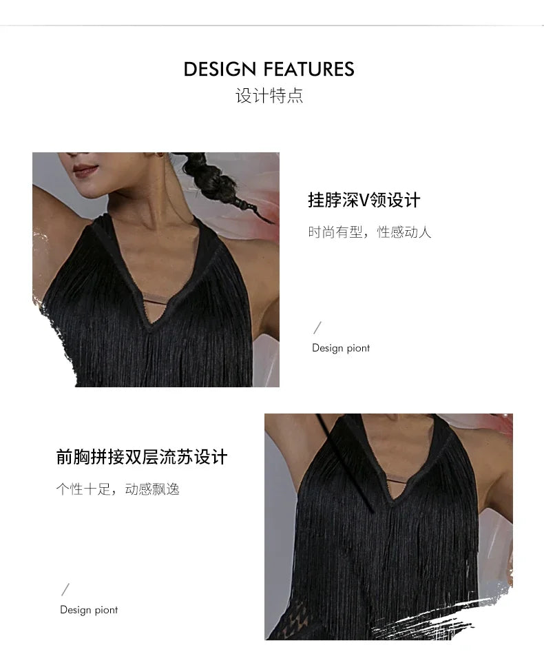 Women Backless Fringe Sexy Black Dress Cha Cha Rumba Samba Tango Dance Costume Prom Wear Latin Dance Copetition Dress