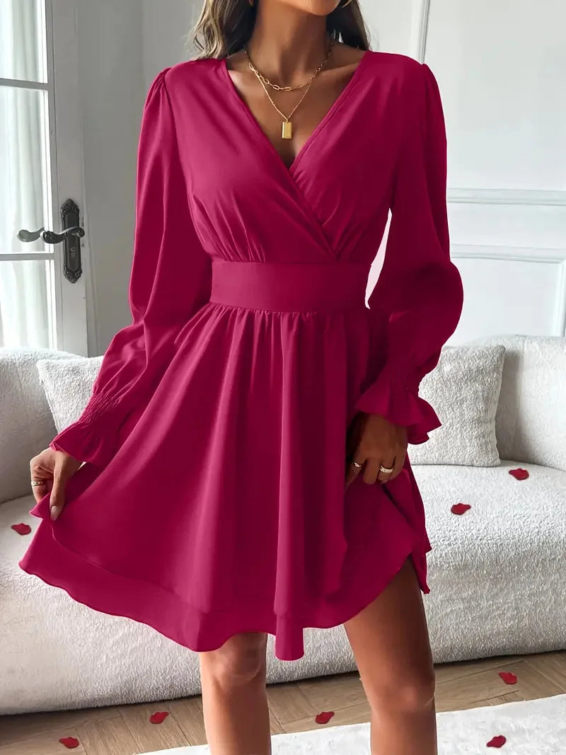 Dresses 2025 Woman Clothing V Neck Lantern Sleeve Wrap Mini Dress Ruched High Waist Elegant For Autumn Party Dress Vestidos