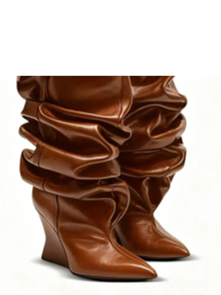 Women's Fashion Pointed Thick Soled Pleated Short Boots, Autumn and Winter Thick Heeled Long Boots, Sexy Runway Women's Boots