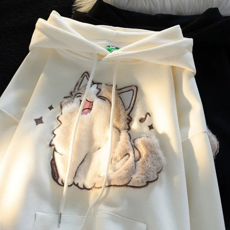 Cute Kawaii Cat Hoodies Women 2025 New Autumn Winter Thick Women Pulovers Fleece Inside Hooded Sweatshirt Girls Y2k Streetwear