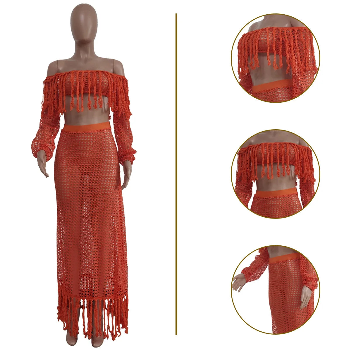 Skirt 2 Piece Set Women Beach Long Skirts Suit Top Off Shoulder Tassels Sexy Hollow Out Ensemble 2025 Summer Female Outfits