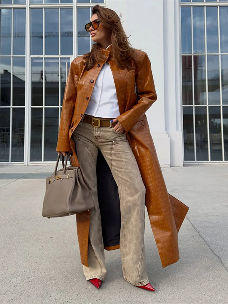 Fashion Croc Pattern PU Leather Women's Jacket Stand Collar Oversize Long Sleeve Chic Coat  2026 Autumn Winter New Daily Wear