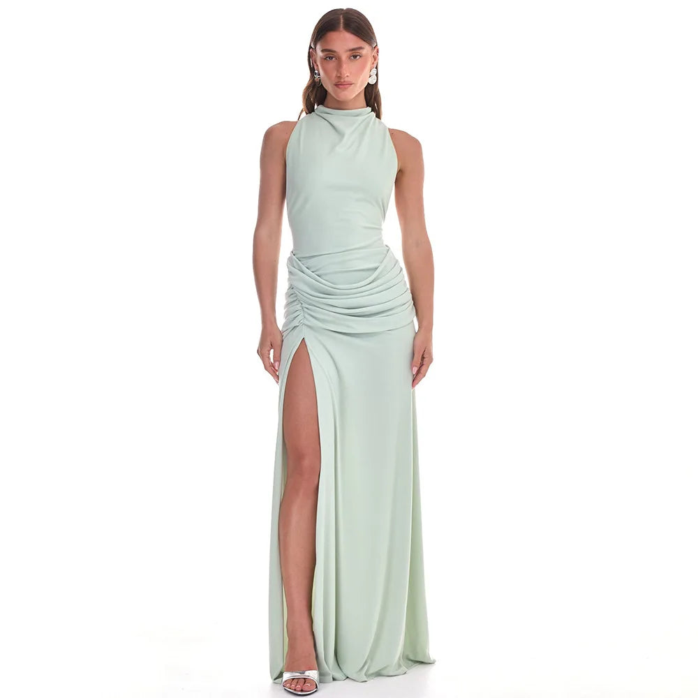JULISSA MO Sexy Backless High Slit Ruched Women Maxi Dress Sleeveless Round Neck Dress Autumn Skinny Elegant Party Evening Dress