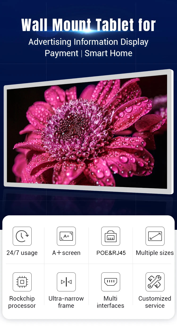 2026newUltra-thin 14 Inch Wall Mounted Android 14 POE Tablet Touch Screen Display 8-core CPU HDMI Input Smart Home Panel