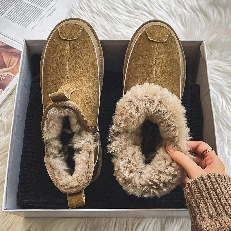 Women's Thick Bottom Mid-Calf Snow Boots Fur Lined Warm Synthetic Leather Rubber Sole Winter Shoes Two-Way Wear Korean Style