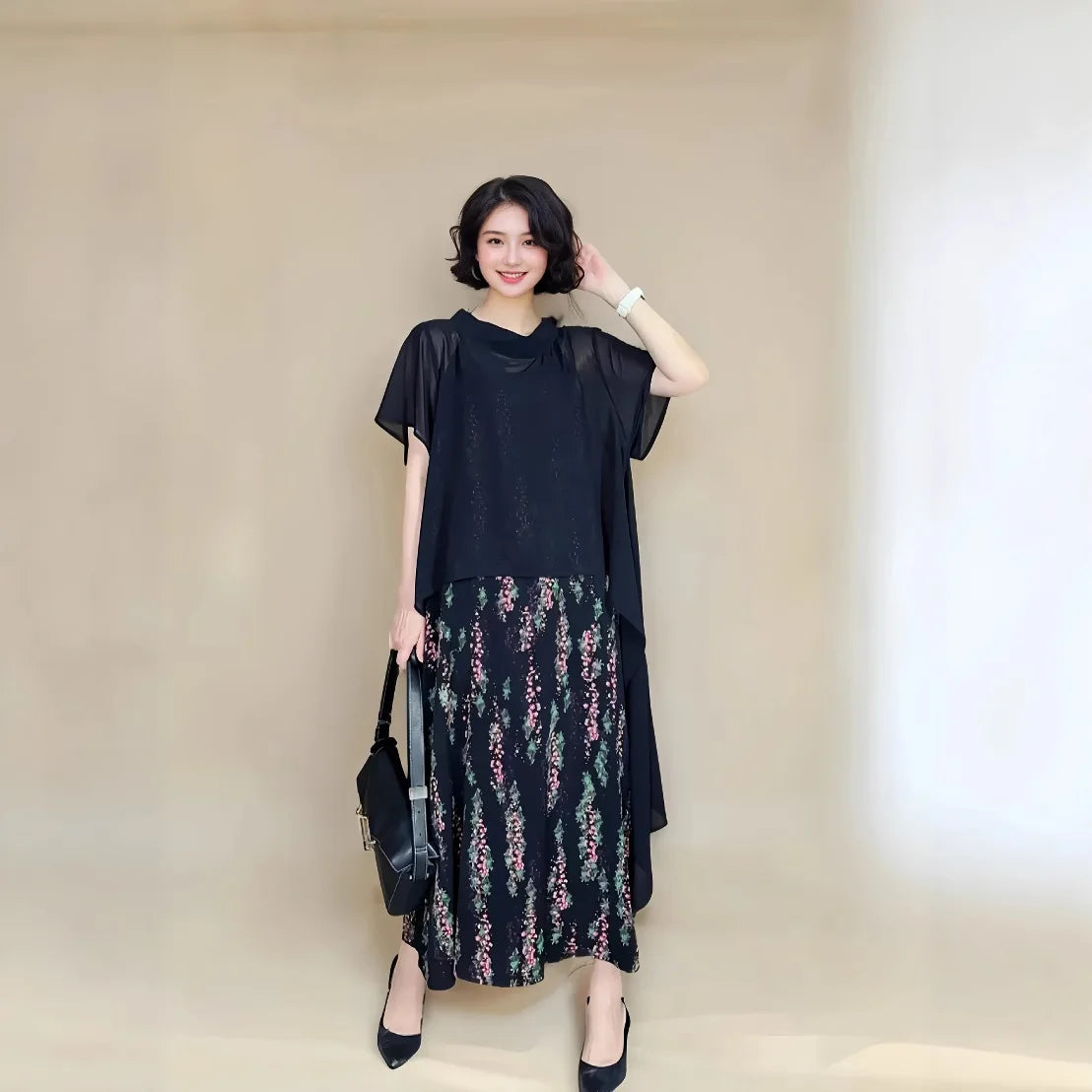 Floral Print Loose Women's Summer Fashionable Romantic Sweet Fresh Chiffon Vest Dress Midi Skirt round Neck Sleeveless