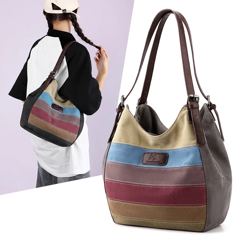 Canvas patchwork Female Top-Handle Bag Women Shoulder Bag Vintage Ladies Commuting Handbags