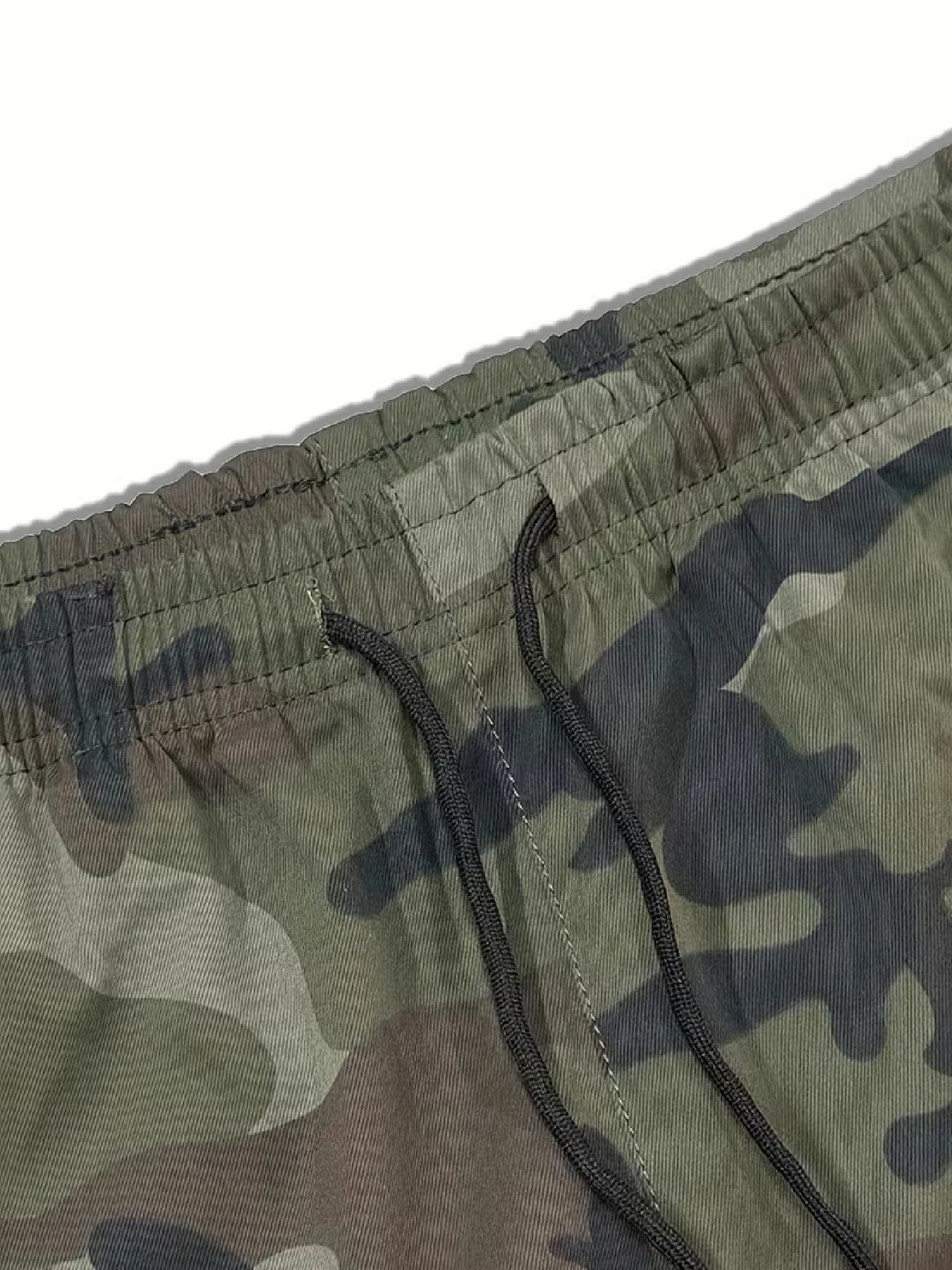 Men's Casual Cargo Shorts — All-Over Print, Non-Stretch Woven Fabric. Features a Dual Elastic Waistband and Drawstring Design; A