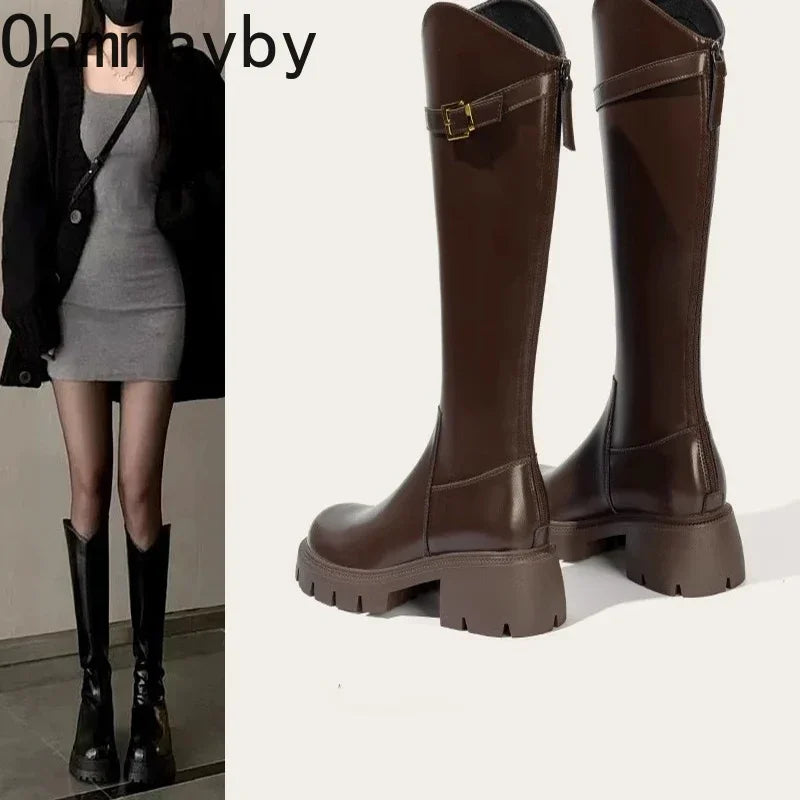 Fur Lining Women Knee High Boots Fashion Knight Long Booties Square High Heels Autumn Winter Warm Short Plush Shoes