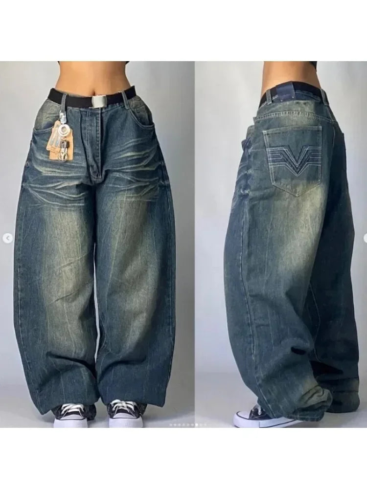New Jeans Female Y2K American Harajuku Retro Washed Loose Jeans Street Fashion Casual Gothic High Waist Pants For Men and Women