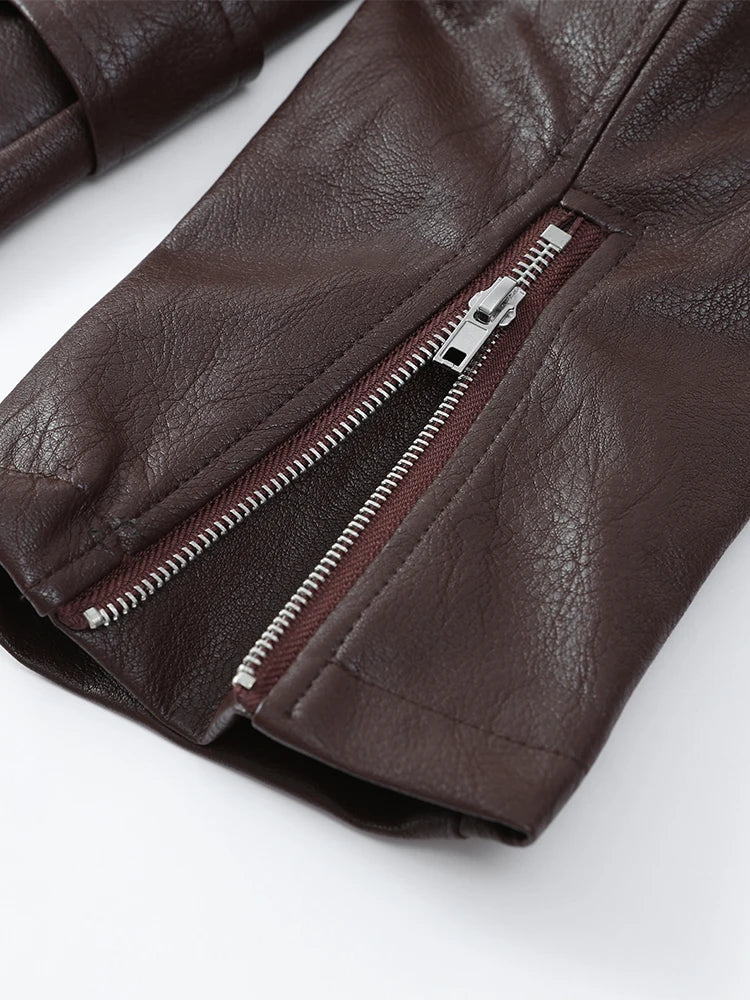 Women Chic Brown Leather Jacket With Belt Chic Full Sleeve Laple Zipper Short Coats 2026 Autumn New Ladies Street Biker Jackets