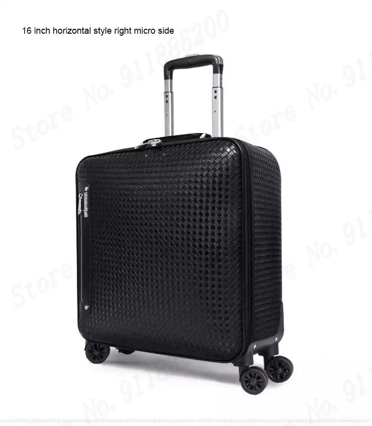 Genuine Leather Trolley Case 20 Inch Men's Business Boarding Suitcase Universal Wheel Luggage Bag 16 Inch Woven Pattern Leather
