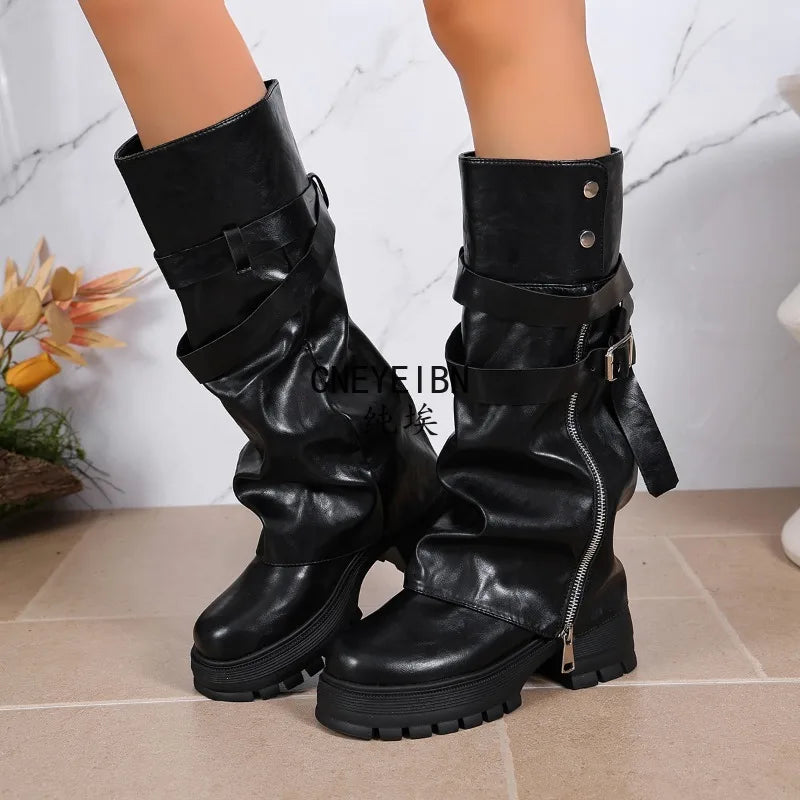 Platform Chunky Sole Women Knee High Boots Buckle Strap Side Zipper Shoes Autumn Winter Vintage Ladies Non Slip Long Boots