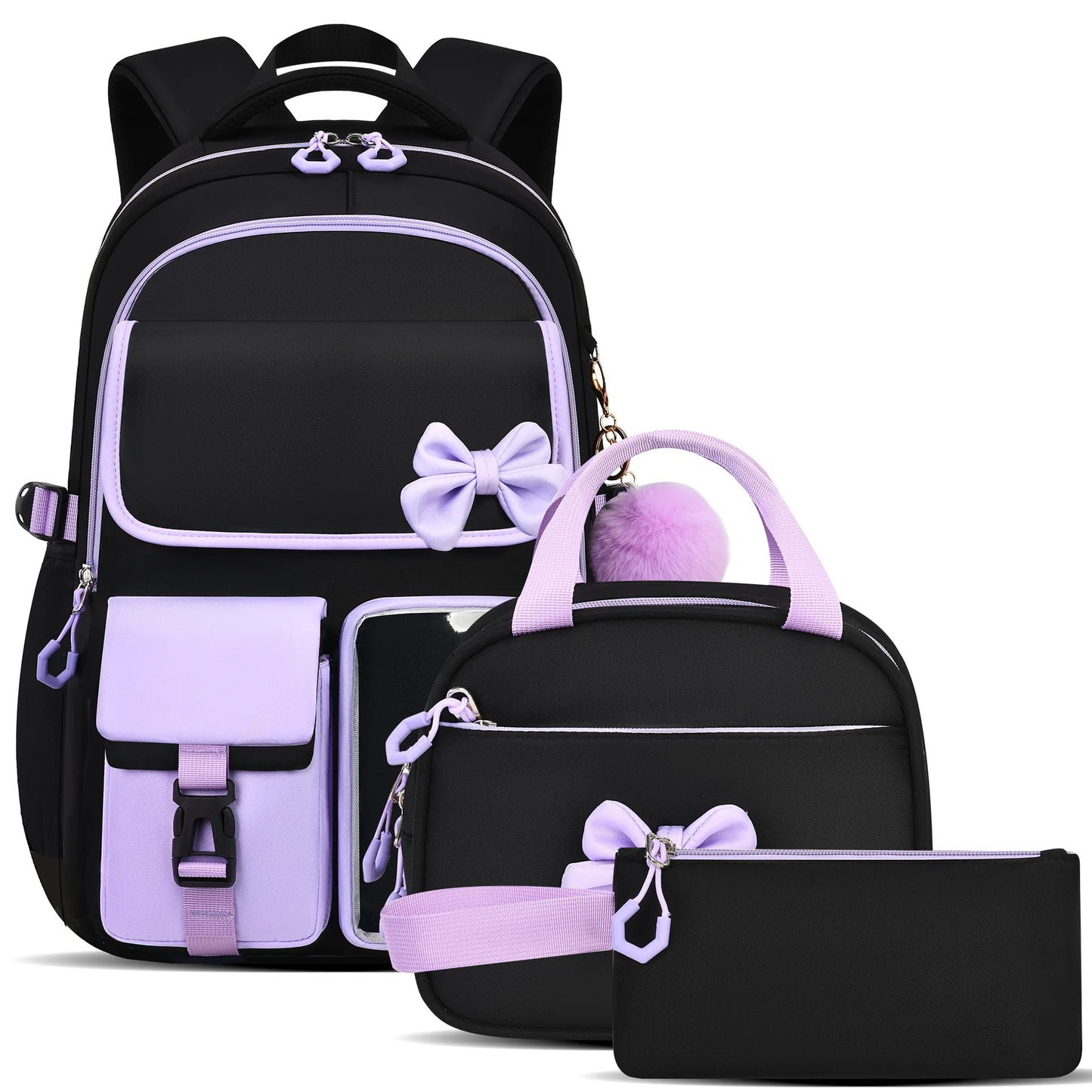 Three-piece Purple School Bag Set Casual with Pen Bag Students Schoolbag Durable with Lunch Bag Large Capacity bow Backpack book