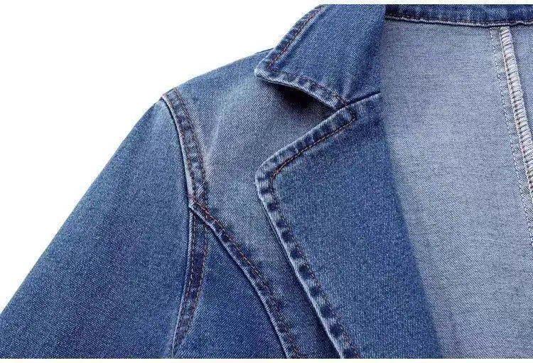 Spring Autumn New One Button Design Denim Jacket For Women Slimming Fit Suit Collar Solid Color Cardigan Blue Cowboy Outer Wear