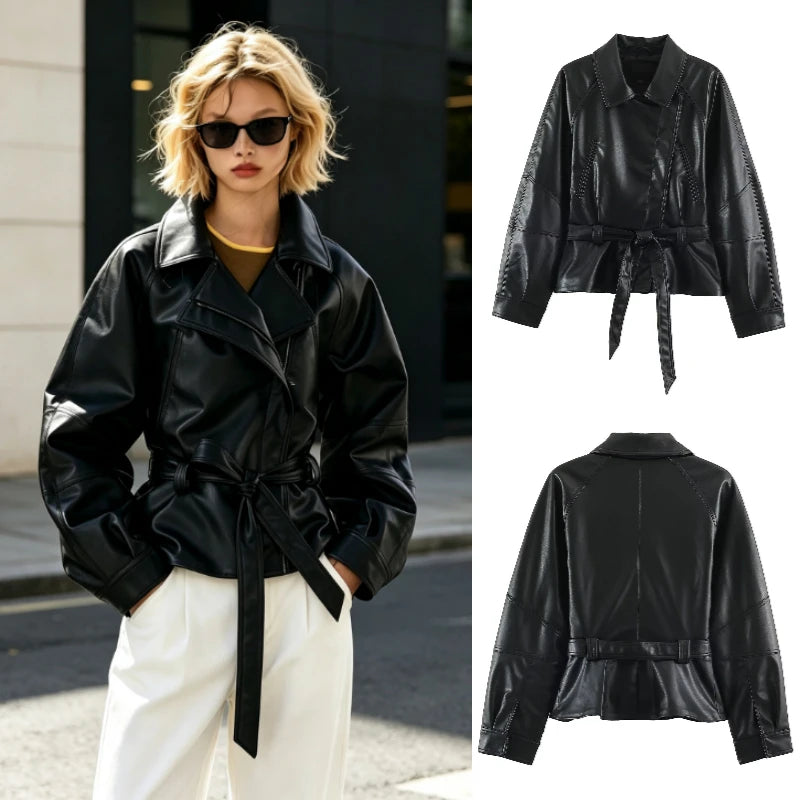 Women's PU Leather Jacket 2026 Retro Black Lapel Asymmetrical Zipper Belted Waist Zipper Pockets Cropped Biker Coat