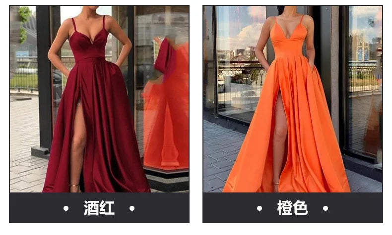 2026 Women's Wedding Party Evening Dresses Solid Elegant Side Slit A-Line Satin Sleeveless Straps Maxi Dress Sexy Banquet Gown