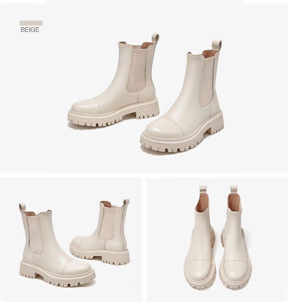 BeauToday Chelsea Women's Genuine Leather Boots Platform Round Toe Elastic Band Thick Sole Ladies Shoes Handmade 02379S