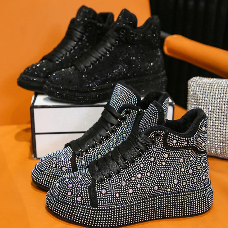 Diamond Elegant Boots and Ankle Boots for Women Winter Bottom Women's Snow Boots Round Toe Thick Bottom Warm Flashing Shoes