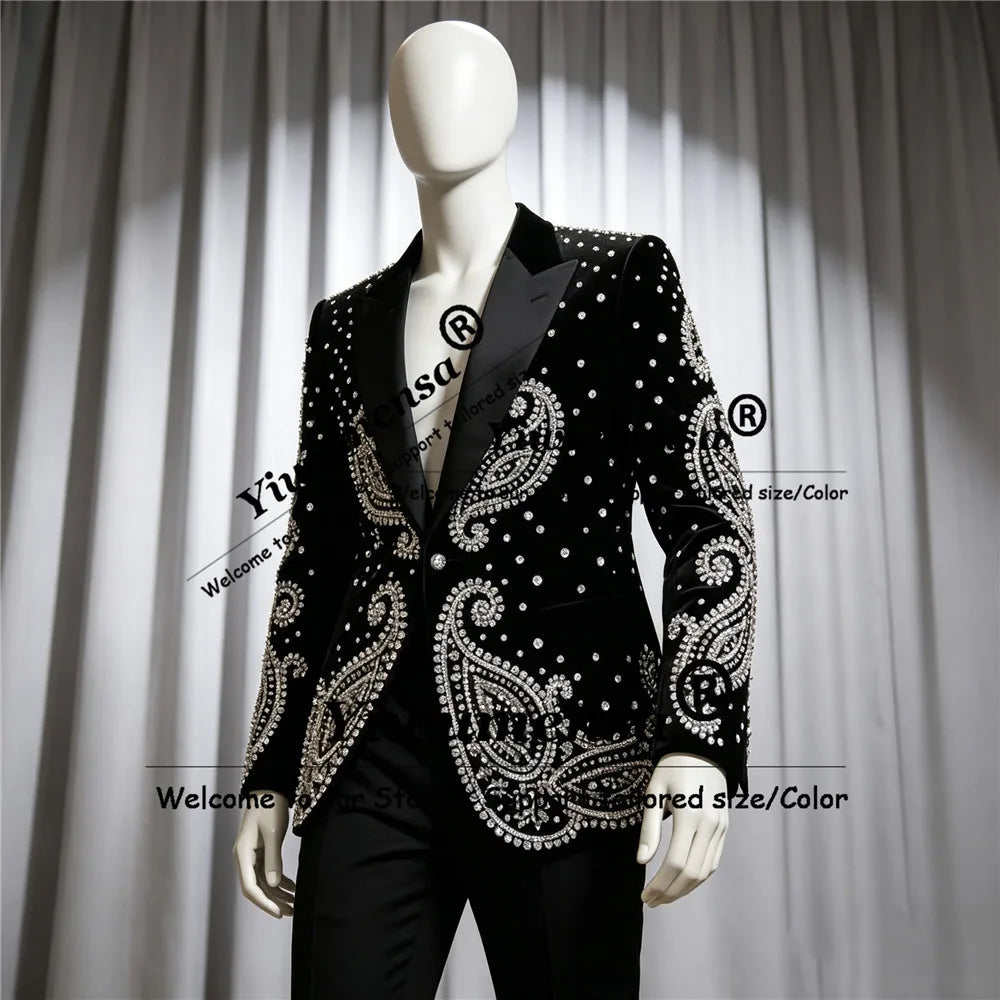 Luxury Crystal Suit For Men 2 Pieces Glitter Diamond Wedding Tuxedos Groom Outfit Customized Prom Blazer Pants roupas masculinas