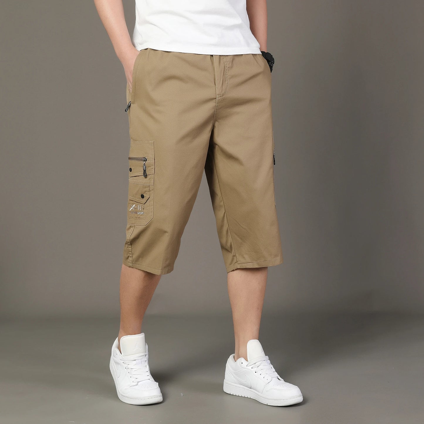 Zipper Pocket Workwear Shorts Mens Knee Cargo Pants 2026 Summer Cotton Shorts Men Climbing Jogger Elastic Waist Sports Work Wear