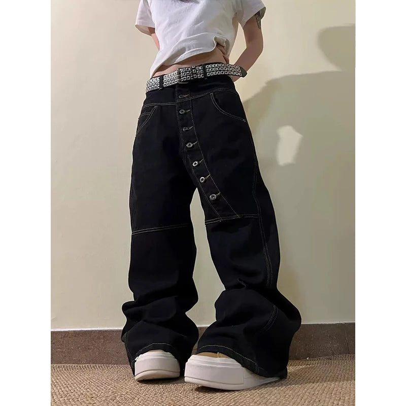 Personalized Jeans American High Street Curved Long Button Scimitar Women's Jeans Summer Loose Wide-Leg Pants Trendy  Trousers