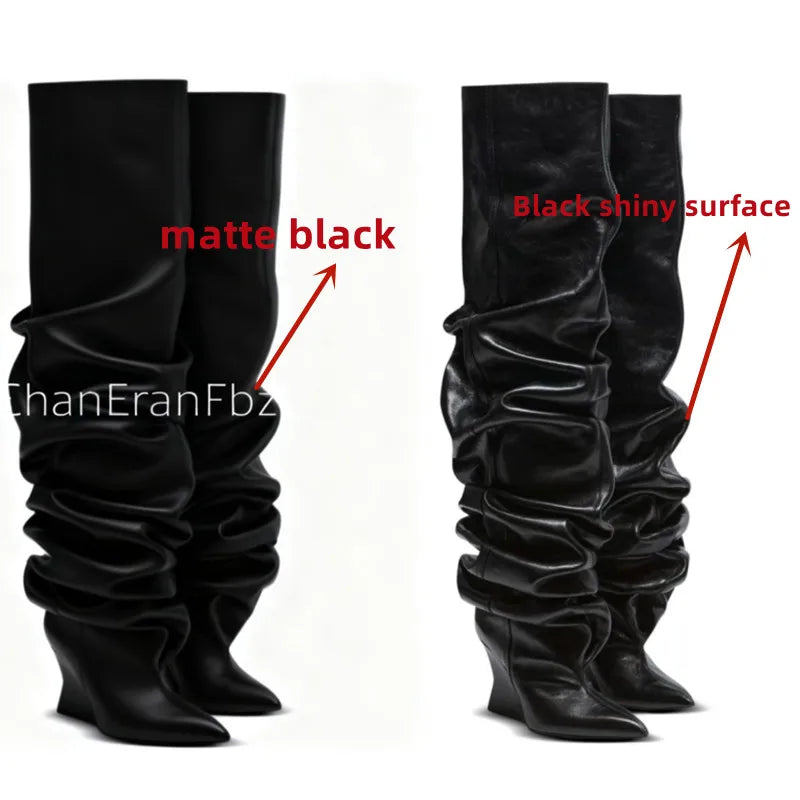 Women's Fashion Pointed Thick Soled Pleated Short Boots, Autumn and Winter Thick Heeled Long Boots, Sexy Runway Women's Boots