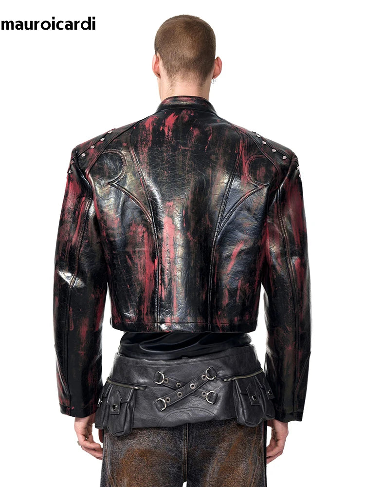 Mauroicardi Spring Autumn Short Pu Leather Motorcycle Jacket Men Rivet Zipper Shoulder Pads Luxury Designer Streetwear Clothing