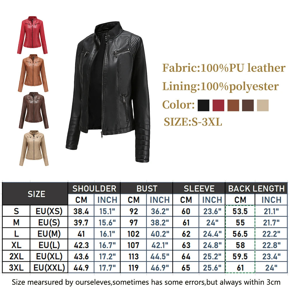 2026 Women's Bright Red V-neck Leather Jacket, Fashion Slim PU Coat, Black Short Outerwear Asia Size XS S M L XL XXL