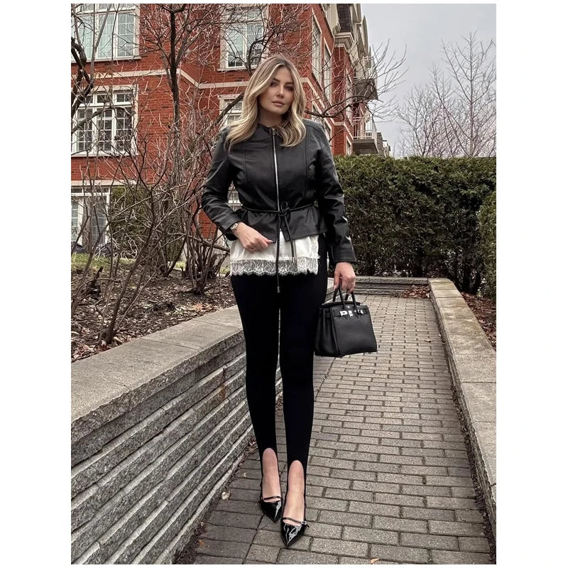 Women's Faux Leather Jacket Black Zip Front Drawstring Peplum Hem Slim Elegant Outerwear Fashion Daily Street Casual Short Coat