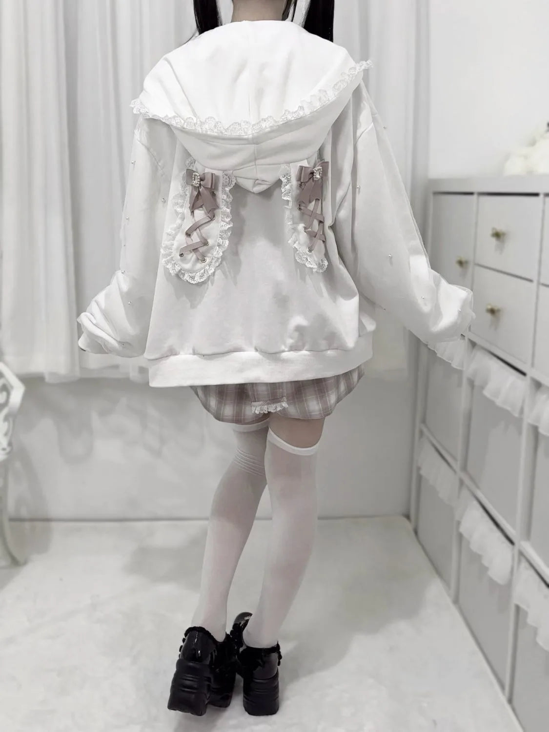 Vintage Japanese Subculture Jirai Kei Jacket Women Y2K Coat Lace Rabbit Ears Hoodie Gothic Sweatshirt Harajuku Halloween Cosplay