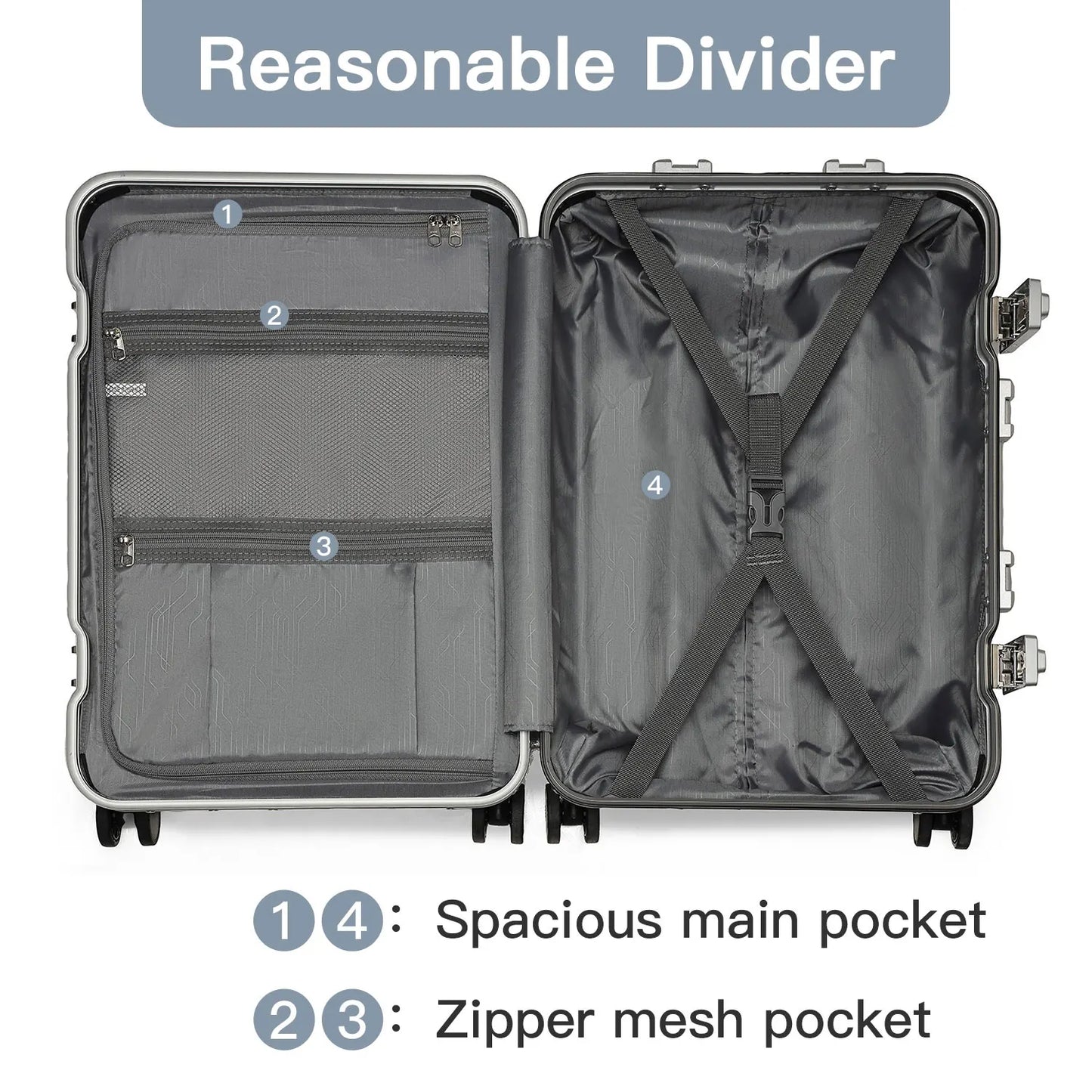Hard Case Suitcase Trolley Aluminum Frame suitcase PC hand luggage with 4 Rolls TSA Check-in Luggage Trackcase Black